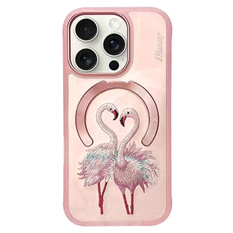 NIMMY For iPhone 16 Pro Magnetic Case Embroidery PU Leather Back Cover - Birds