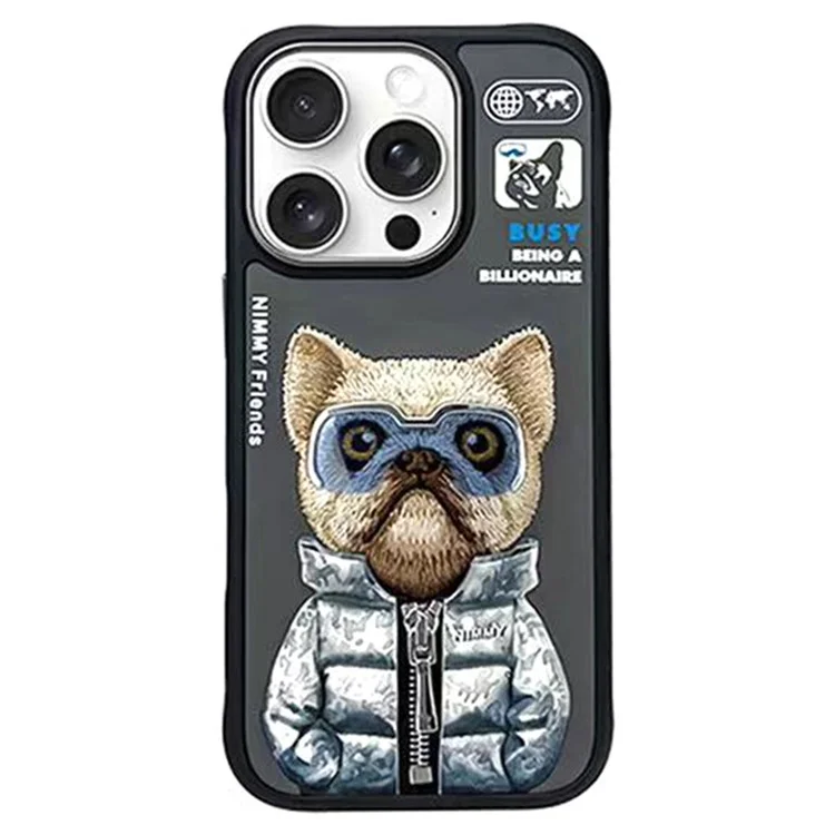 NIMMY Für iPhone 16 Pro Max Case Embroidery Protective Phone Cover - Black Coat Dog