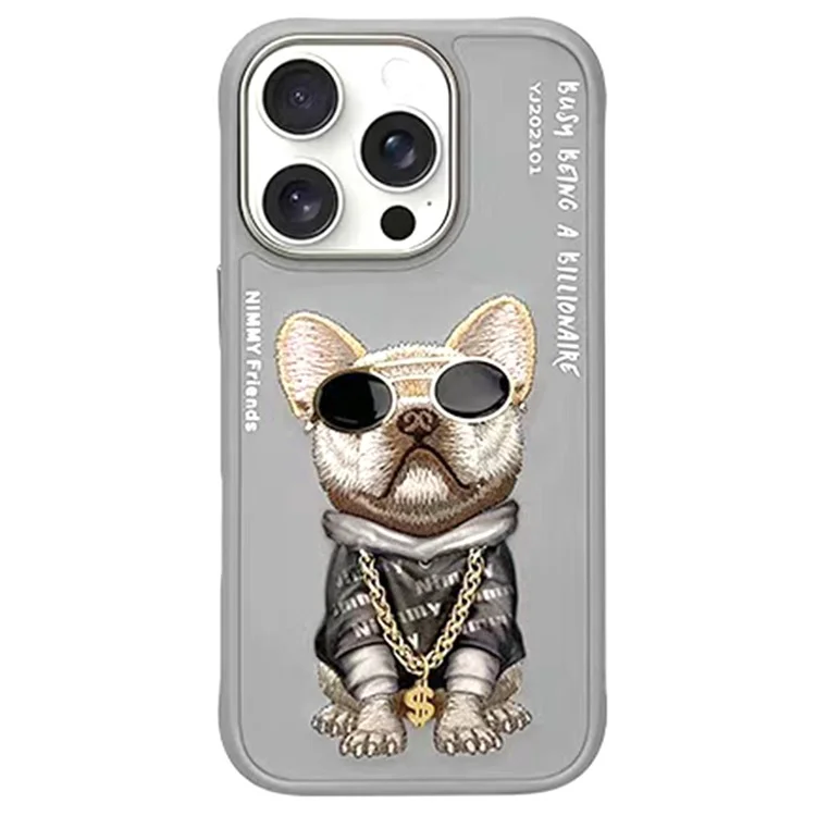 NIMMY para iPhone 16 Pro Max Case Embroidery PU Leather+PC+TPU Phone Cover - Grey Pug Dog