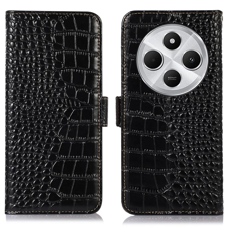 Para Xiaomi Poco C75 4G / Redmi 14R 5G / 14C 4G Case Crocodile Texture Genuine Cow Leather Phone Wallet Cover - Preto