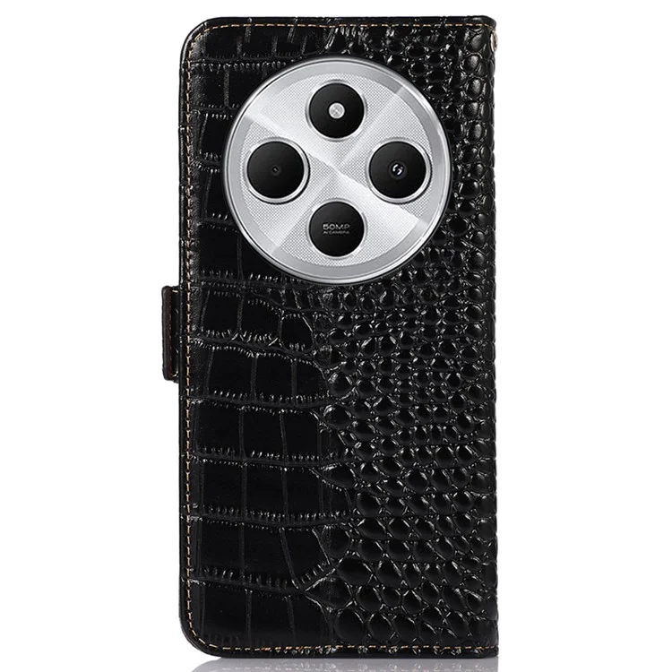 Para Xiaomi Poco C75 4G / Redmi 14R 5G / 14C 4G Case Crocodile Texture Genuine Cow Leather Phone Wallet Cover - Preto