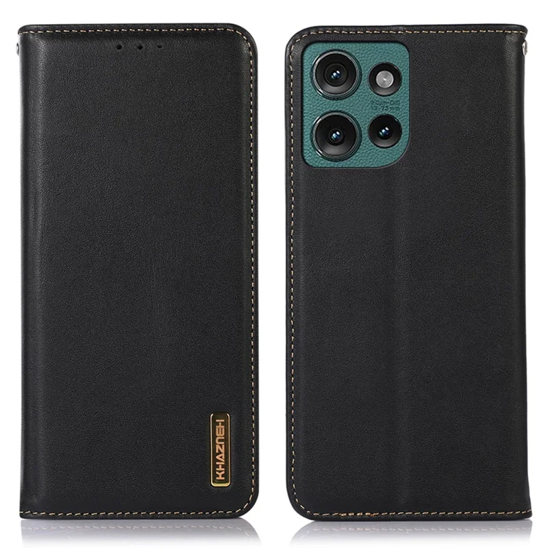 KHAZNEH For Motorola Edge 50 5G Case Genuine Cow Leather Wallet Phone Cover Nappa Texture - Black