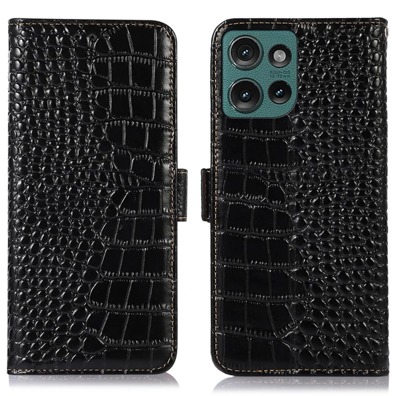 For Motorola Edge 50 5G Case Crocodile Texture Genuine Cow Leather Phone Wallet Cover - Black