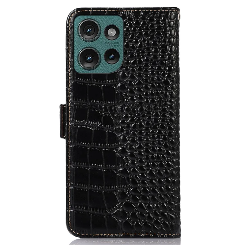 For Motorola Edge 50 5G Case Crocodile Texture Genuine Cow Leather Phone Wallet Cover - Black