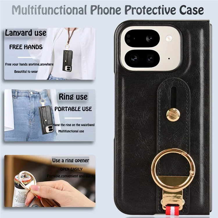 Per Google Pixel 9 Pro Fold 5g Case in Pelle+pc+copertura da Polso Tpu Con Anello di Apri Bottiglia - Nero