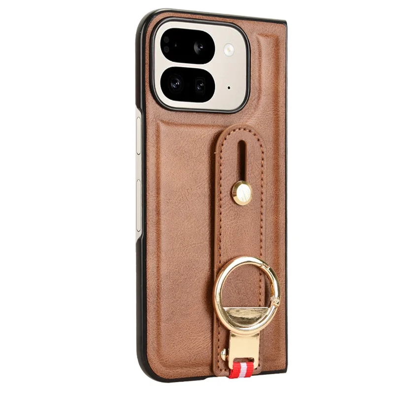 For Google Pixel 9 Pro Fold 5G Case Leather+PC+TPU Wristband Cover with Bottle Opener Ring - Brown
