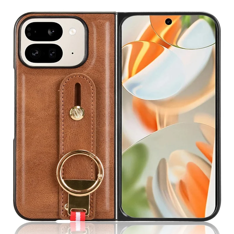 For Google Pixel 9 Pro Fold 5G Case Leather+PC+TPU Wristband Cover with Bottle Opener Ring - Brown