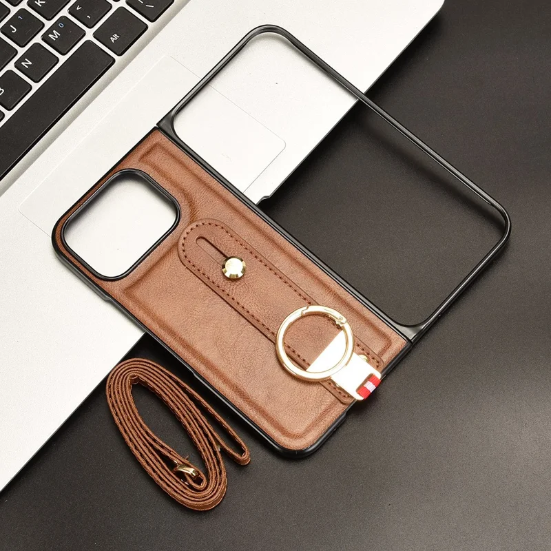 For Google Pixel 9 Pro Fold 5G Case Leather+PC+TPU Wristband Cover with Bottle Opener Ring - Brown