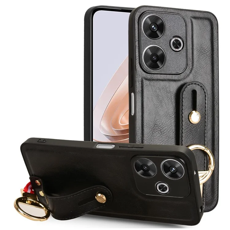 For Xiaomi Redmi 13 5G / 4G Case Wristband Kickstand Leather+PC+TPU Phone Cover with Bottle Opener - Black