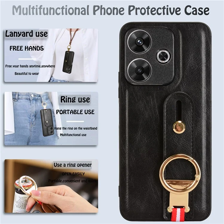 For Xiaomi Redmi 13 5G / 4G Case Wristband Kickstand Leather+PC+TPU Phone Cover with Bottle Opener - Black