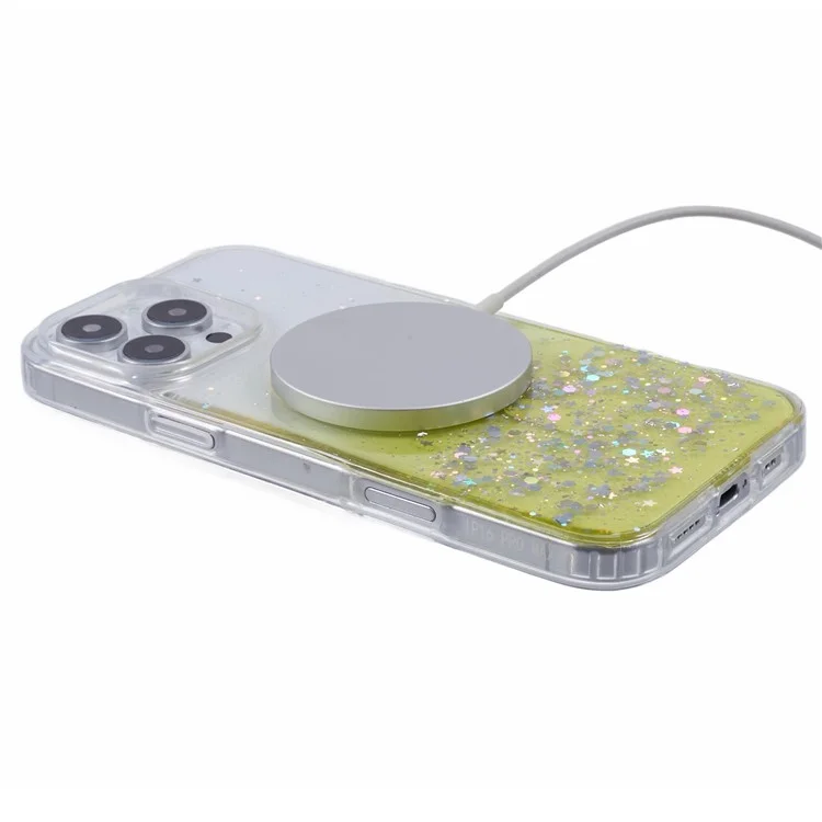 Pour Iphone 16 Pro Case Compatible Avec Magsafe Sparkle Epoxy Tpu + Couverture de Téléphone Acrylique - Jaune