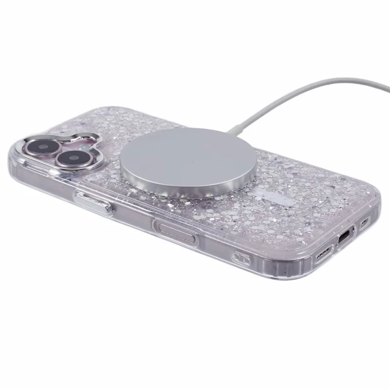 For iPhone 16 Case Compatible with MagSafe Glitter Sequin Epoxy TPU+Acrylic Phone Cover - White