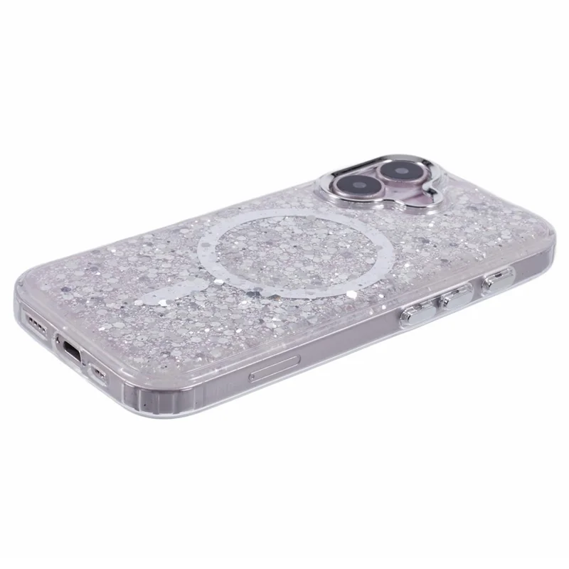 For iPhone 16 Case Compatible with MagSafe Glitter Sequin Epoxy TPU+Acrylic Phone Cover - White
