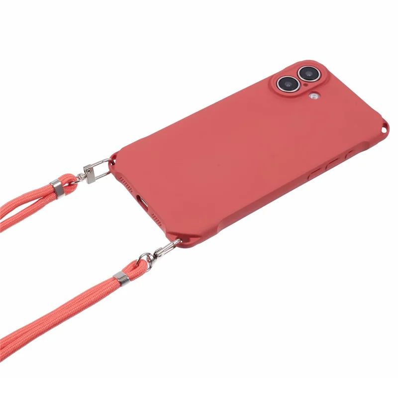 For iPhone 16 Case Four Corner Anti Drop TPU Phone Cover with 150cm Hanging Rope - Red