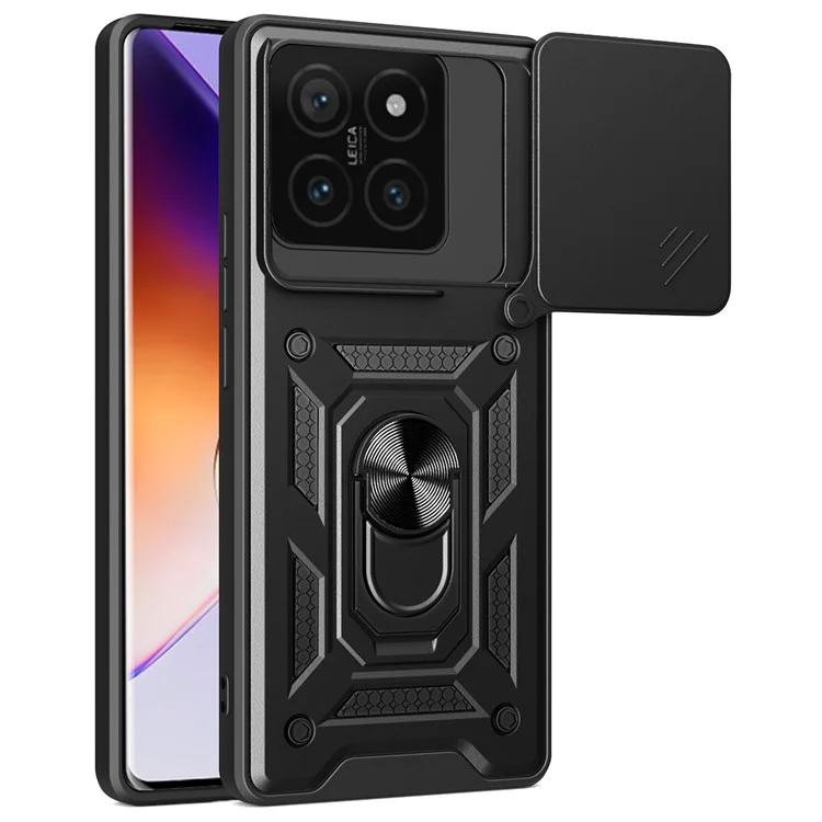 For Xiaomi 14T Case with Slide Camera Lid PC+TPU Kickstand Phone Cover - Black