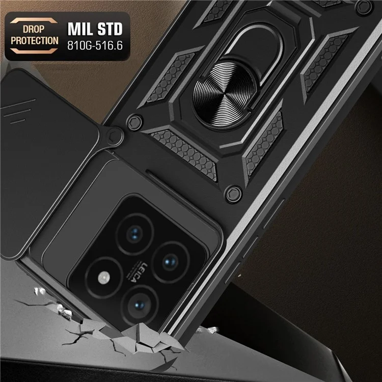 For Xiaomi 14T Case with Slide Camera Lid PC+TPU Kickstand Phone Cover - Black