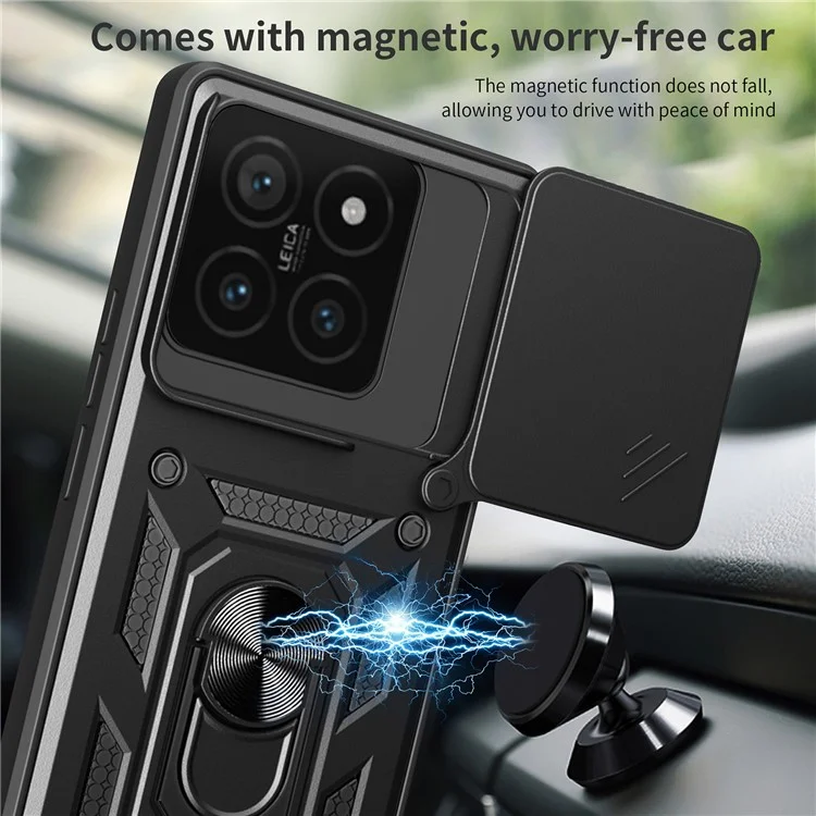 For Xiaomi 14T Case with Slide Camera Lid PC+TPU Kickstand Phone Cover - Black