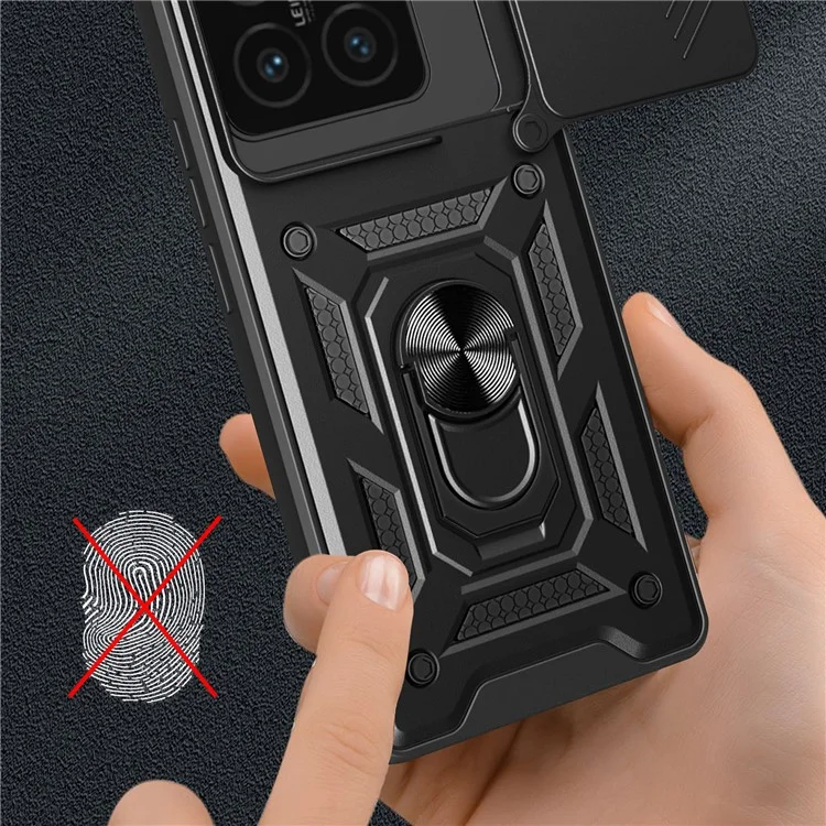 For Xiaomi 14T Case with Slide Camera Lid PC+TPU Kickstand Phone Cover - Black