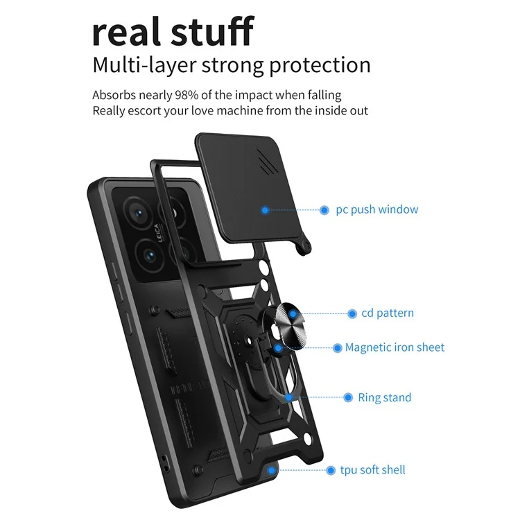 For Xiaomi 14T Case with Slide Camera Lid PC+TPU Kickstand Phone Cover - Black