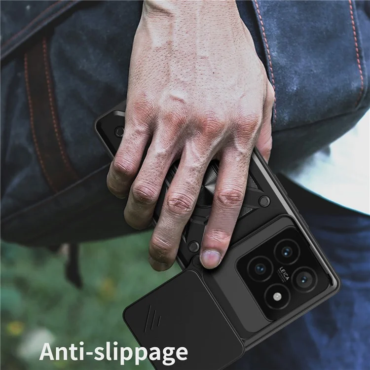 For Xiaomi 14T Case with Slide Camera Lid PC+TPU Kickstand Phone Cover - Black