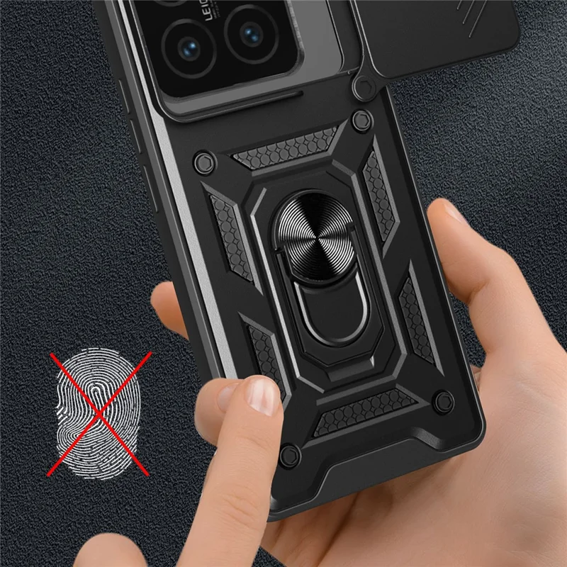 For Xiaomi 14T Pro Case with Slide Camera Lid PC+TPU Kickstand Phone Cover - Black