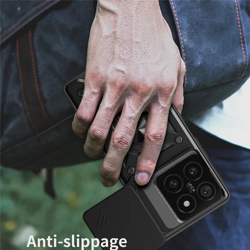 For Xiaomi 14T Pro Case with Slide Camera Lid PC+TPU Kickstand Phone Cover - Black