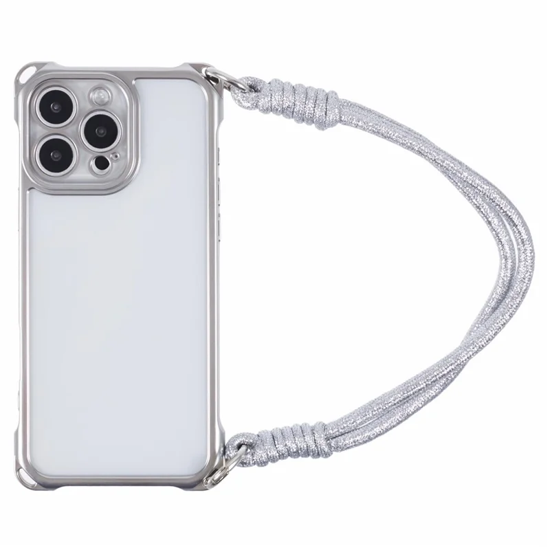 For iPhone 16 Pro Max Case Reinforced Corner Shockproof TPU Phone Cover with Wrist Strap - Silver