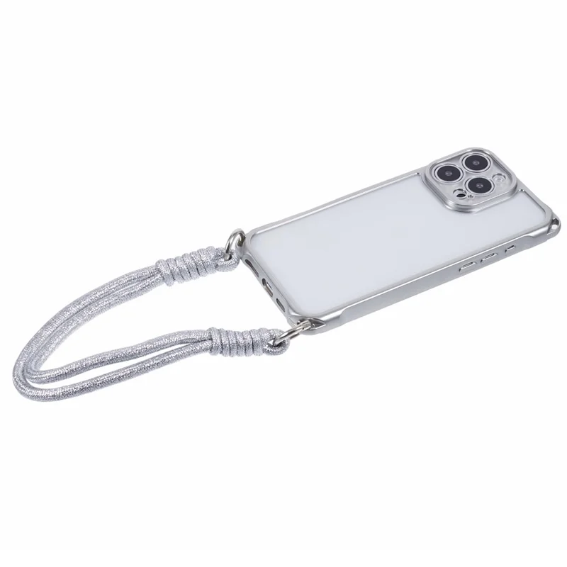 For iPhone 16 Pro Max Case Reinforced Corner Shockproof TPU Phone Cover with Wrist Strap - Silver