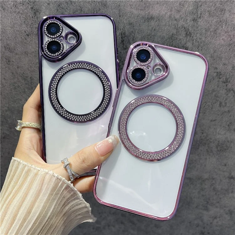 Pour Iphone 16 Plus Boîtier Magnétique Bling Rignestone Clear TPU + PC Téléphone PC - Rose
