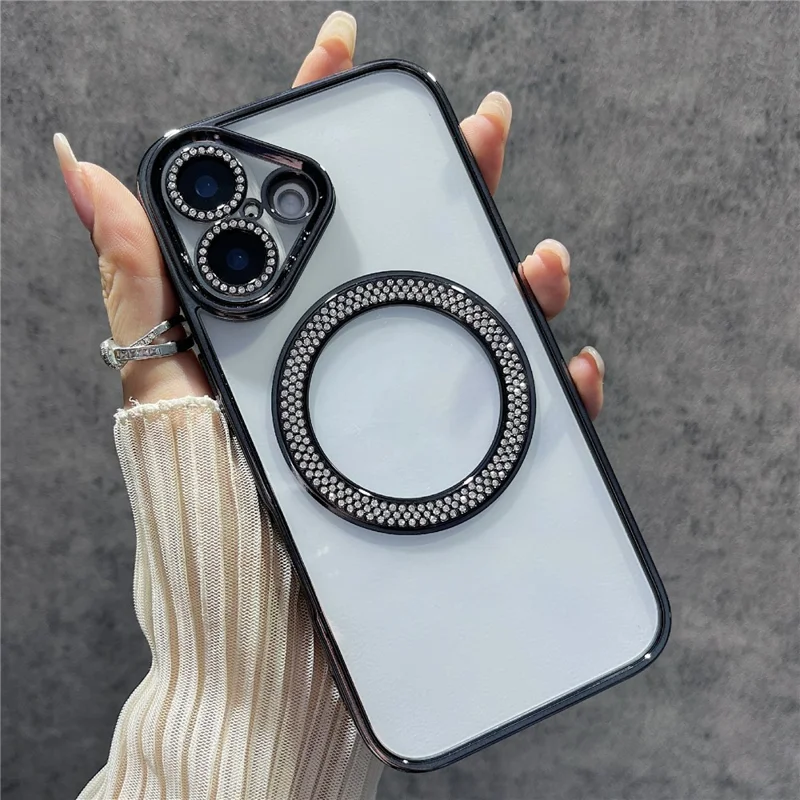 For iPhone 16 Plus Magnetic Case Bling Rhinestone Clear TPU + PC Phone Cover - Black