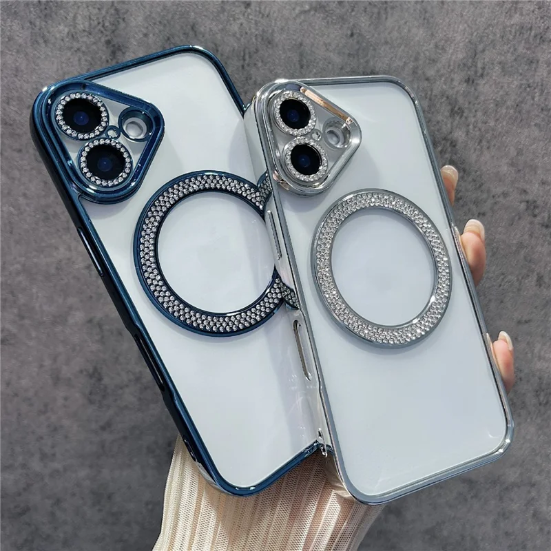 For iPhone 16 Plus Magnetic Case Bling Rhinestone Clear TPU + PC Phone Cover - Black