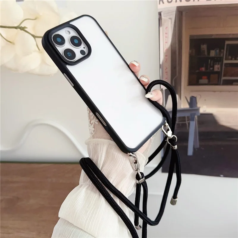 For iPhone 16 Pro Case TPU+PC Crystal Clear Back Cover with Lanyard - Black