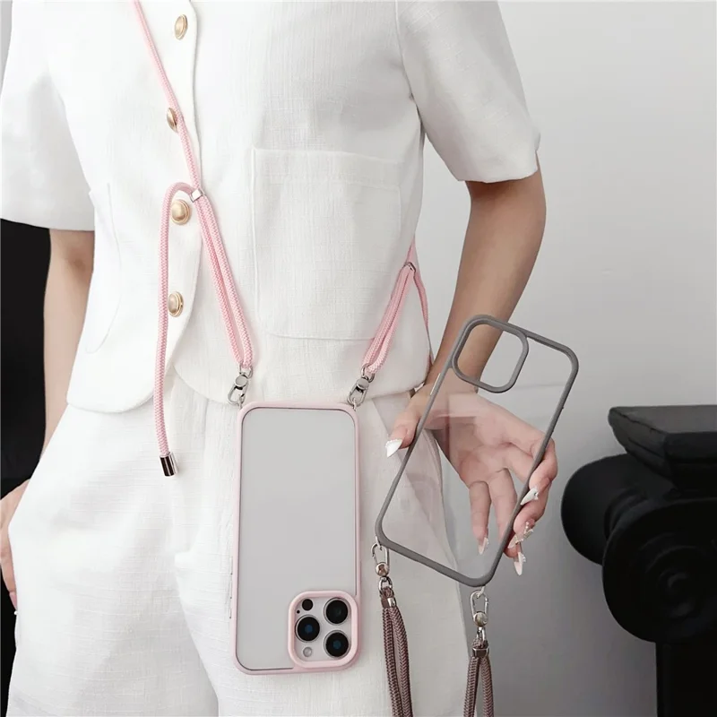 Voor iPhone 16 Pro hoesje TPU+PC transparant achterpaneel met lanyard - Roze