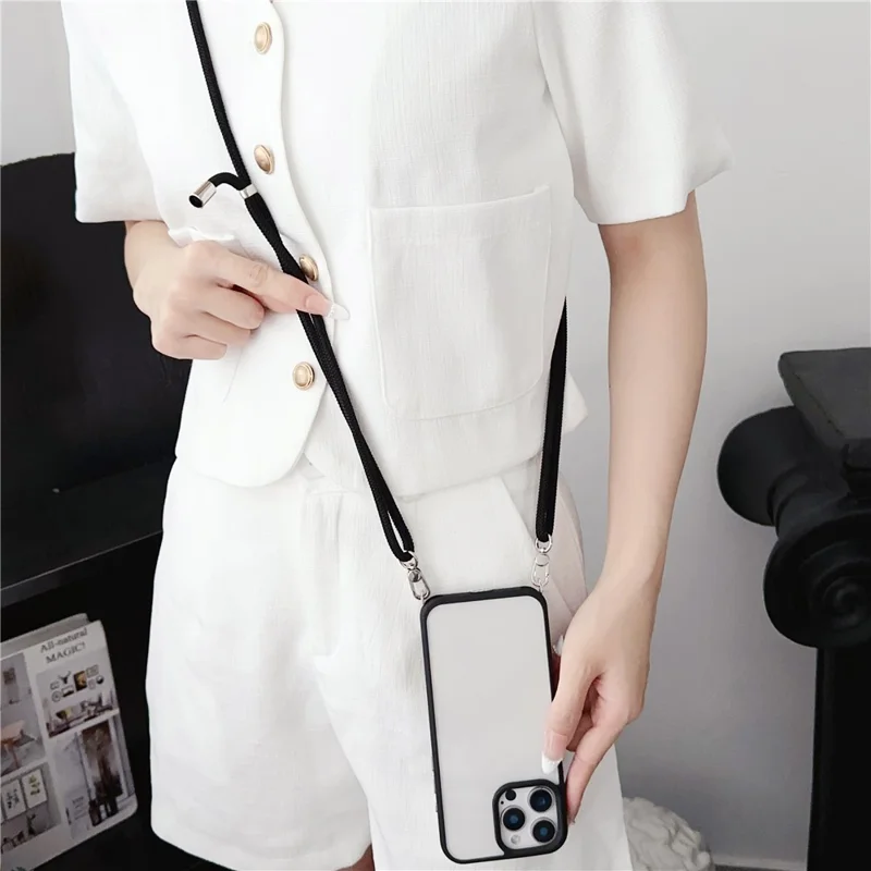 Voor iPhone 16 Pro hoesje TPU+PC transparant achterpaneel met lanyard - Roze
