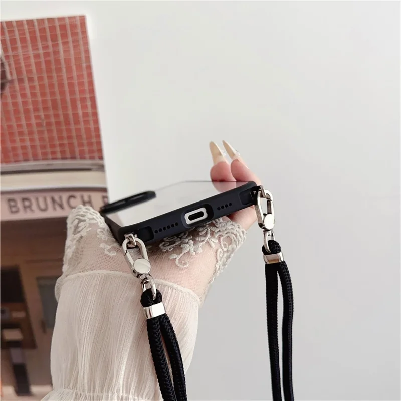Voor iPhone 16 Pro hoesje TPU+PC transparant achterpaneel met lanyard - Roze