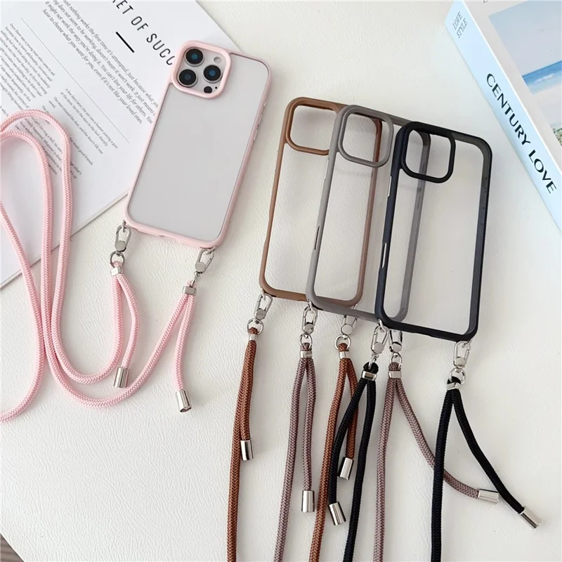 Voor iPhone 16 Pro hoesje TPU+PC transparant achterpaneel met lanyard - Roze