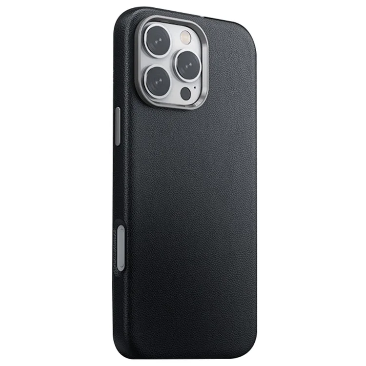 Para Iphone 16 Pro Max Case PU Cubierta Protectora a Prueba de Amortiguadores de PC Recubierto de Cuero - Negro