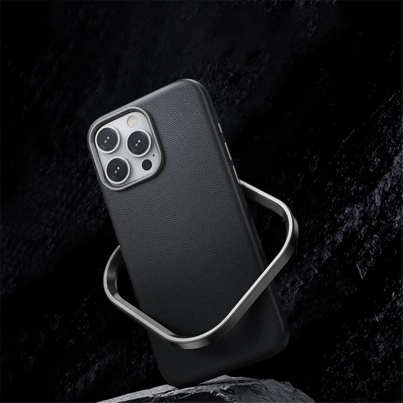 Para Iphone 16 Pro Max Case PU Cubierta Protectora a Prueba de Amortiguadores de PC Recubierto de Cuero - Negro