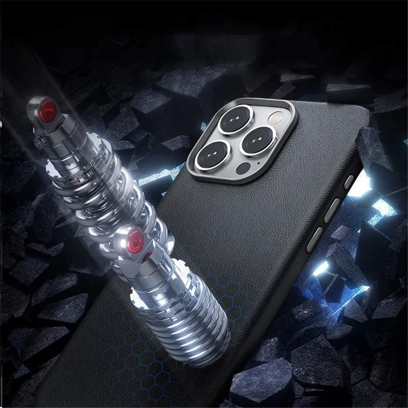 Para Iphone 16 Pro Max Case PU Cubierta Protectora a Prueba de Amortiguadores de PC Recubierto de Cuero - Negro