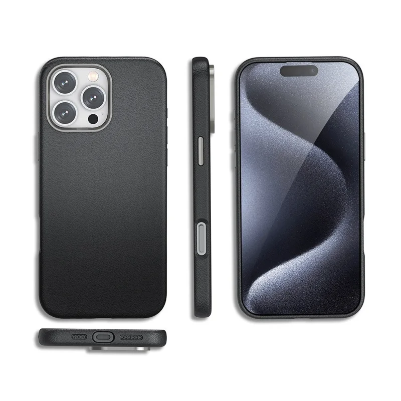 Para Iphone 16 Pro Max Case PU Cubierta Protectora a Prueba de Amortiguadores de PC Recubierto de Cuero - Negro