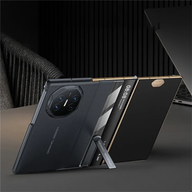 For Huawei Mate XT Ultimate Case Kickstand View Window Genuine Cow Leather+PC Phone Cover - Red