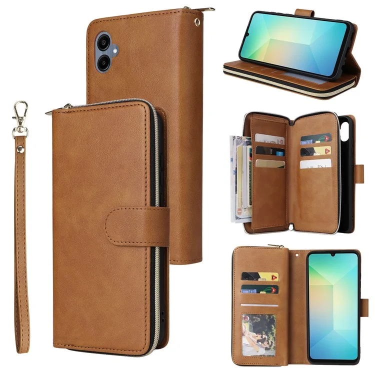 Для Samsung Galaxy A06 Case Zipper Pocket pu Кожаная Телефона с Ручным Ремнем - Коричневый
