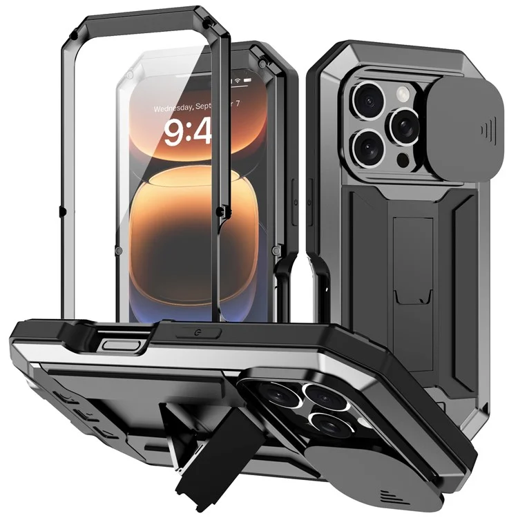 R-JUST для iPhone 16 Pro Чехол-подставка из силикона, металла, ПК и закаленного стекла для экрана - Черный