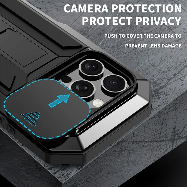 R-JUST для iPhone 16 Pro Чехол-подставка из силикона, металла, ПК и закаленного стекла для экрана - Черный