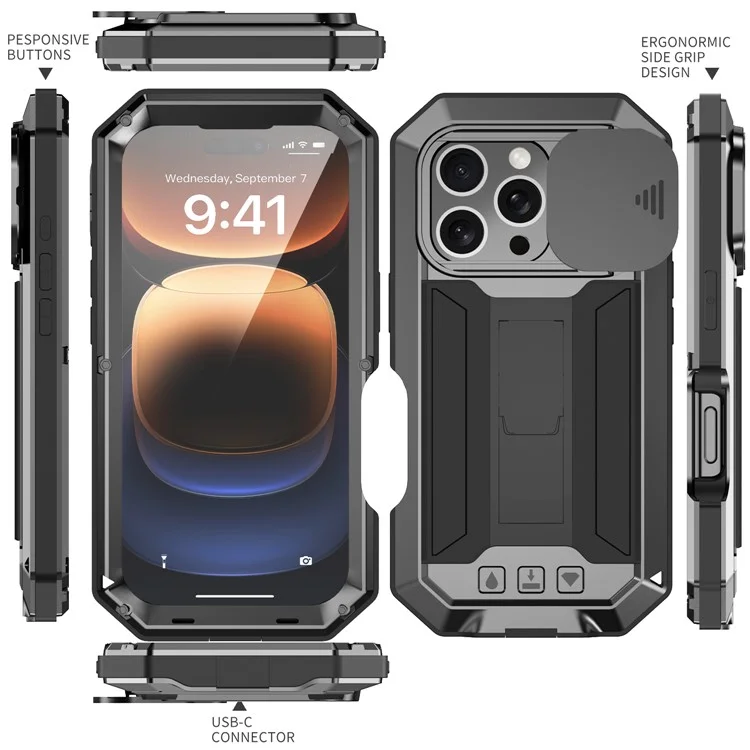 R-JUST для iPhone 16 Pro Чехол-подставка из силикона, металла, ПК и закаленного стекла для экрана - Черный