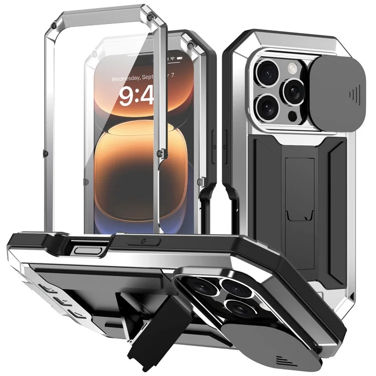 R-JUST Para Iphone 16 Pro Max Kickstand Case Silicone+metal+pc+pantalla de Pantalla de Vidrio Templado Portada Del Teléfono - Plata