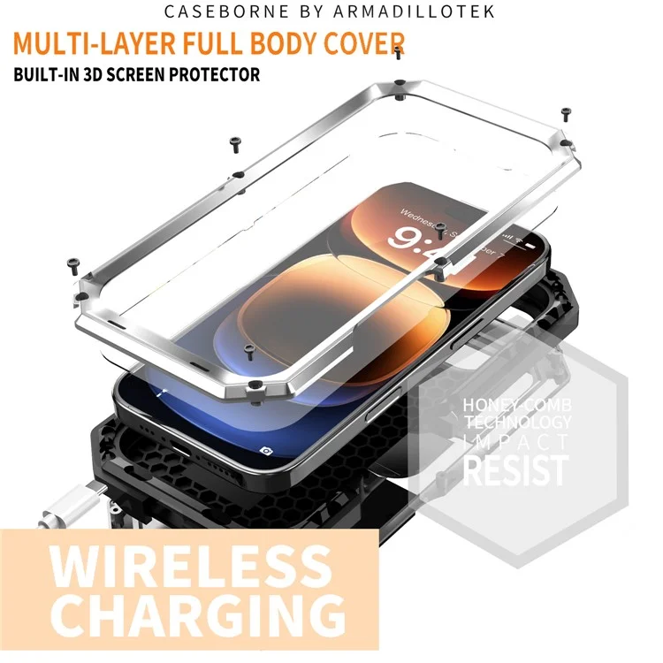 R-JUST Para Iphone 16 Pro Max Kickstand Case Silicone+metal+pc+pantalla de Pantalla de Vidrio Templado Portada Del Teléfono - Plata
