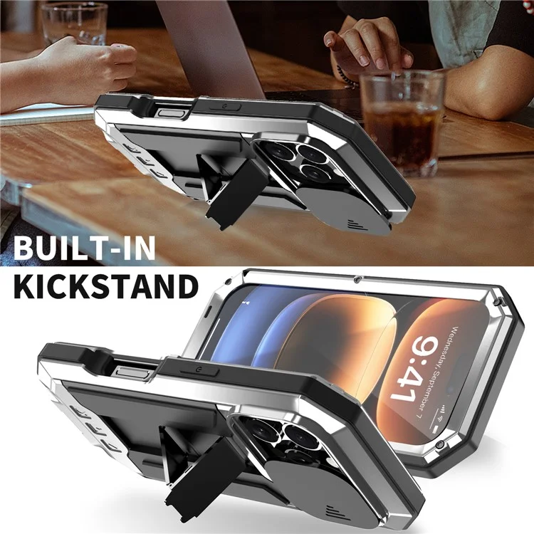 R-JUST Para Iphone 16 Pro Max Kickstand Case Silicone+metal+pc+pantalla de Pantalla de Vidrio Templado Portada Del Teléfono - Plata