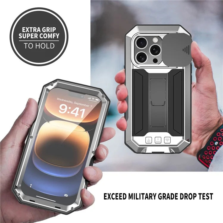 R-JUST Para Iphone 16 Pro Max Kickstand Case Silicone+metal+pc+pantalla de Pantalla de Vidrio Templado Portada Del Teléfono - Plata