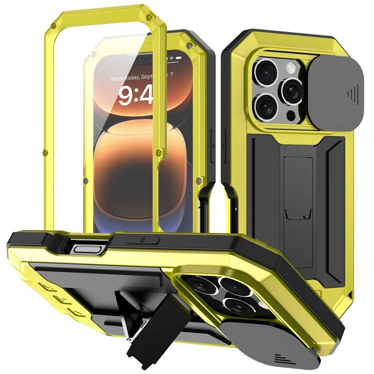 R-JUST For iPhone 16 Pro Max Kickstand Case Silicone+Metal+PC+Tempered Glass Screen Film Phone Cover - Yellow